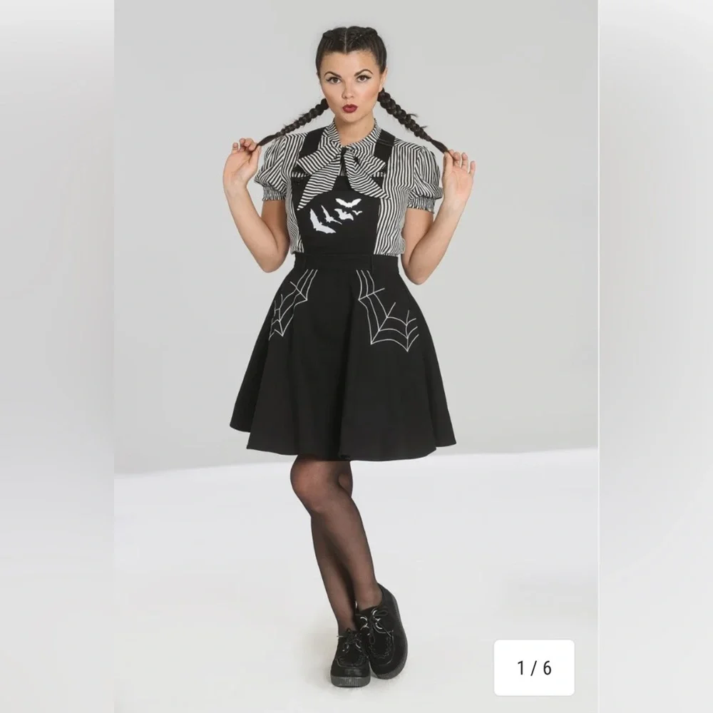 Hell Bunny Miss Muffet Pinafore Black Dress with Spider Web and Bat Design - Picture 3 of 6